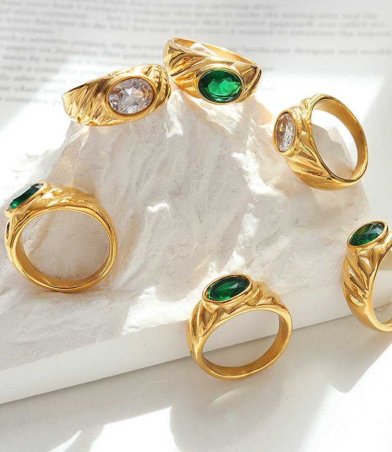 Modern clear and green zircon inlaid ring, gold-plated stainless-steel ring