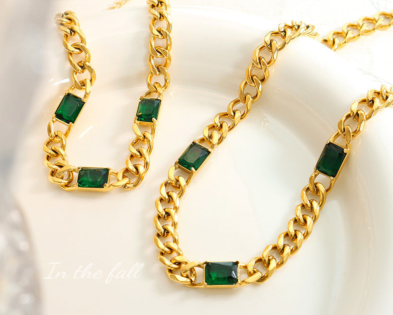 Cuba thick chain inlaid with green baquette zirconia stone pendant necklace bracelet jewelry set non-fading wholesale