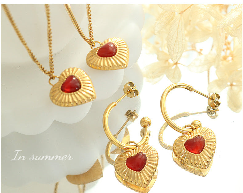 red agate pendant, necklace, earring, waterproof golden jewelry set