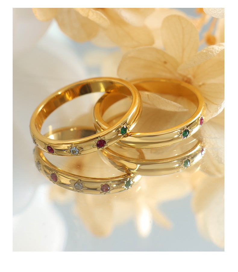 Gold-plated inlaid red, white and green zircon stainless steel ring trend personalized accessories