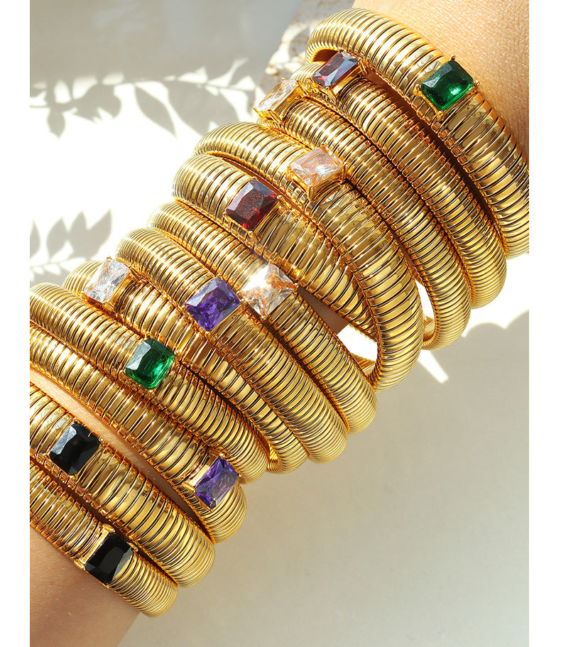 Gold-plated baguette zircon inlaid, stretch bracelet, fashionable bangles