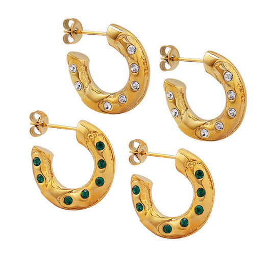 clear cz green zirconia inlaid C-shaped earrings titanium steel golden hoops